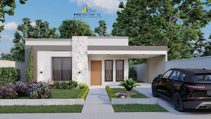 Render de la casa D.R y Familia, vivienda de una planta con garaje